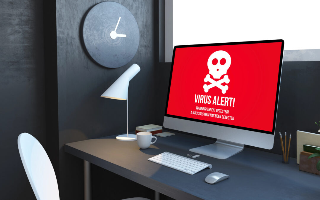 Computer displaying alert highlighting cybersecurity threats and services for protection.